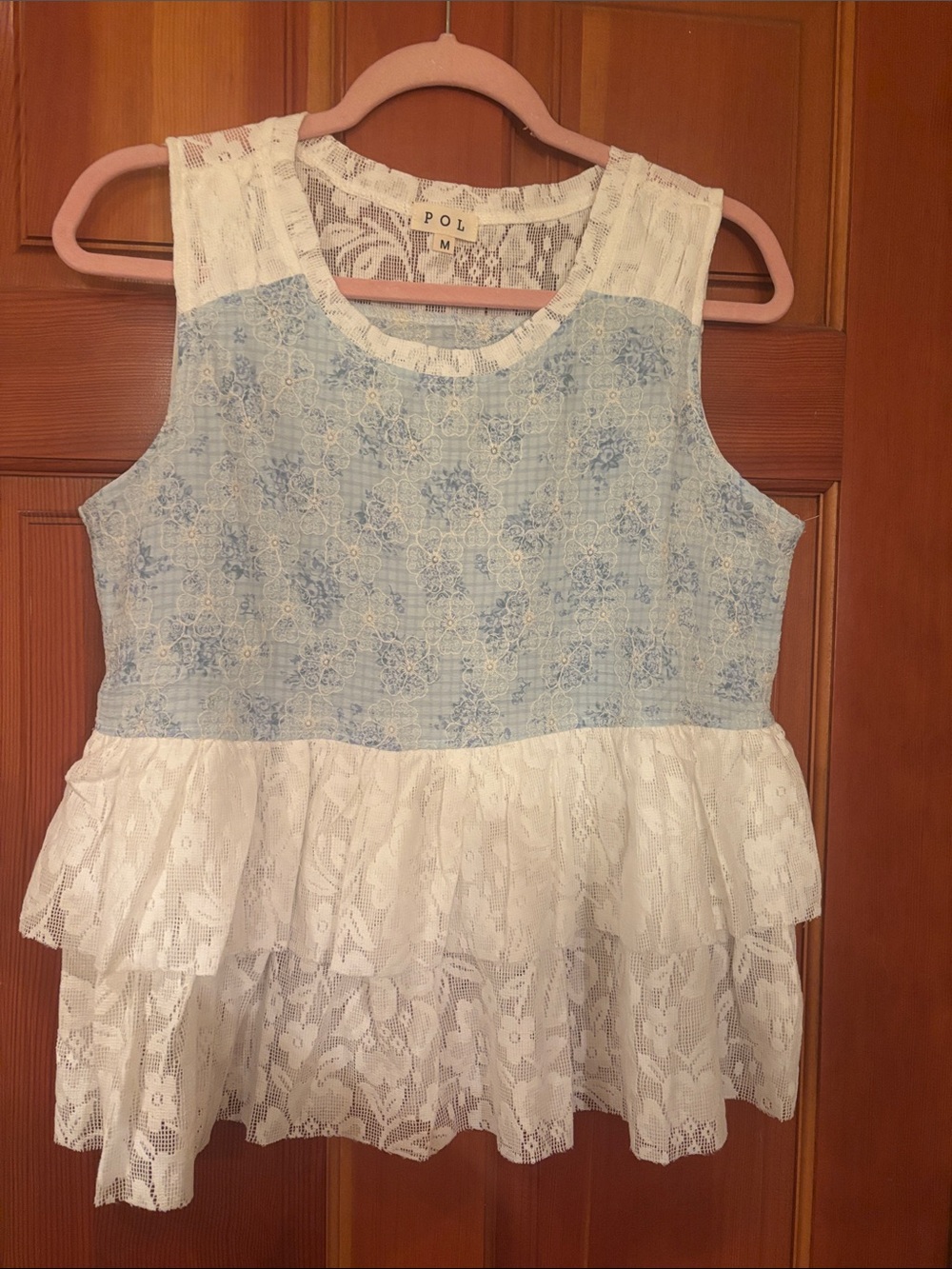 NEW POL Women’s Light Blue and White Lace Peplum Dress